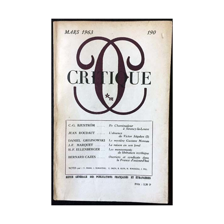 1. Critique n°190 Revue générale des publications françaises et étrangères Mars 1963 aux éditions de Minuit