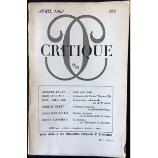 1. Critique n°191 Revue générale des publications françaises et étrangères Avril 1963 aux éditions de Minuit