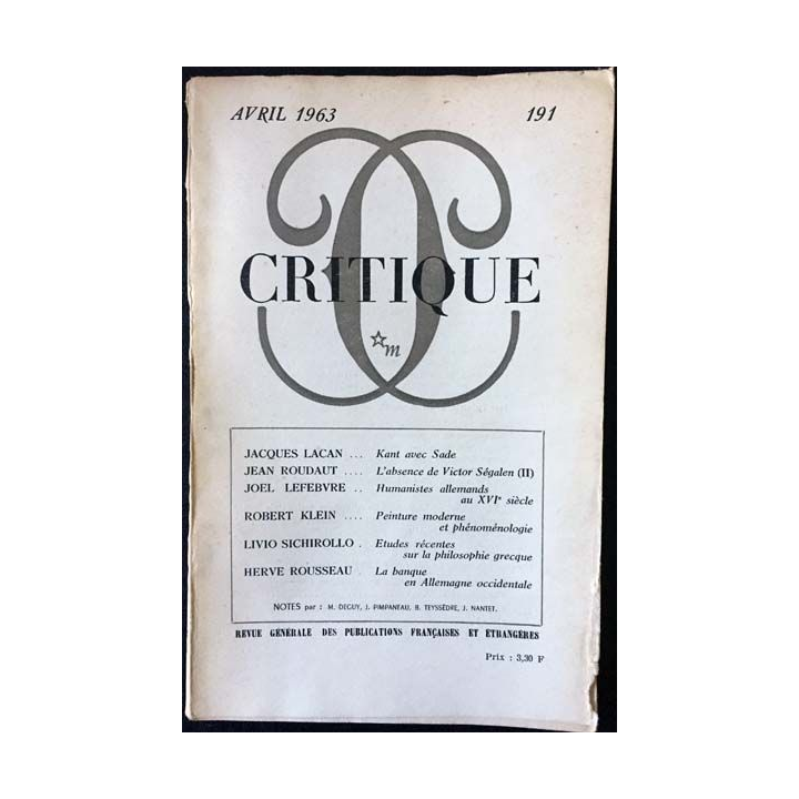 1. Critique n°191 Revue générale des publications françaises et étrangères Avril 1963 aux éditions de Minuit