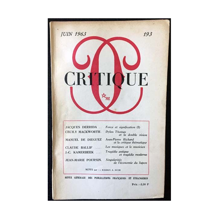 1. Critique n°193 Revue générale des publications françaises et étrangères Juin 1963 aux éditions de Minuit