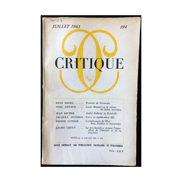 1. Critique n°194 Revue générale des publications françaises et étrangères Juillet 1963 aux éditions de Minuit