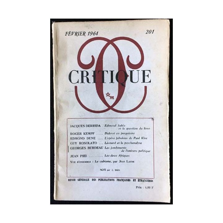 1. Critique n°201 Revue générale des publications françaises et étrangères Février 1964 aux éditions de Minuit