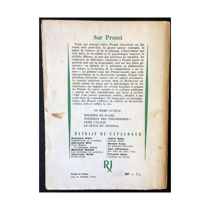 1. Sur Proust remarques sur "A la recherche du temps perdu" de Jean-François Revel aux éditions Julliard 1960