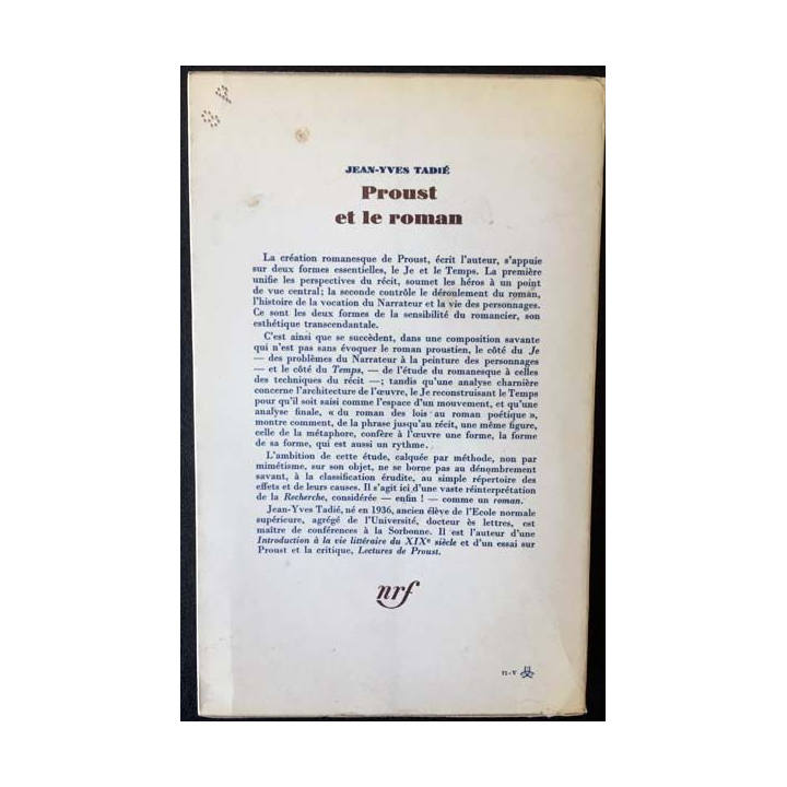 1. Proust et le roman de Jean-Yves Tadié aux éditions Gallimard 1971