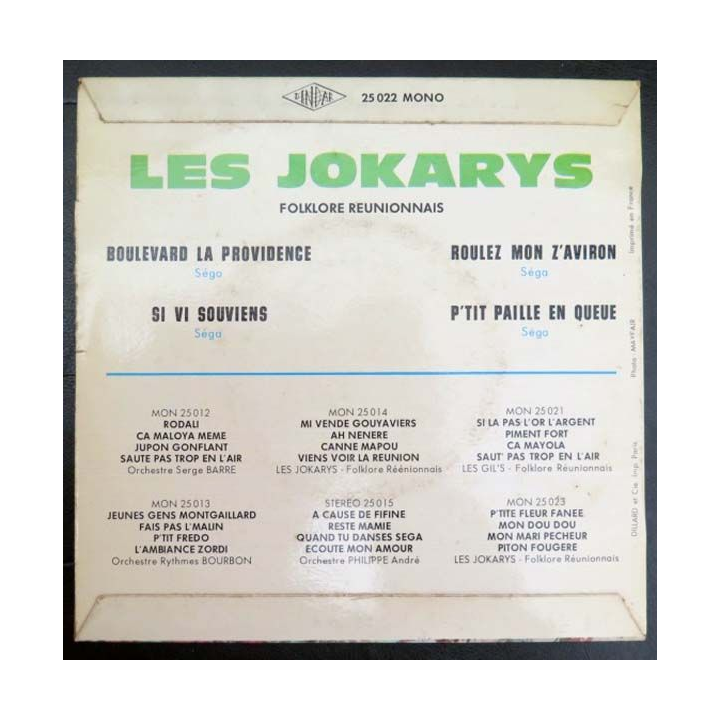DISQUE 45 TOURS : LES JOKARYS FOLKLORE RÉUNIONNAIS (DINDAR 25022)