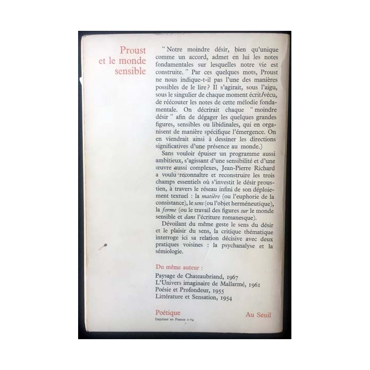 1. Proust et le monde sensible de Jean-Pierre Richard aux éditions du Seuil