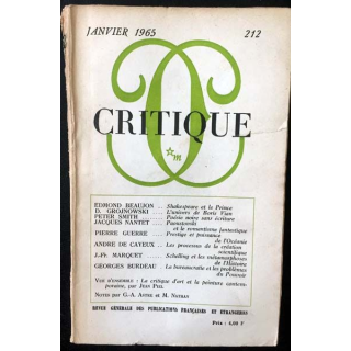 1. Critique n°212 Revue générale des publications françaises et étrangères Janvier 1965 aux éditions de Minuit