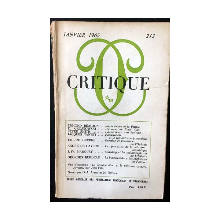 1. Critique n°212 Revue générale des publications françaises et étrangères Janvier 1965 aux éditions de Minuit