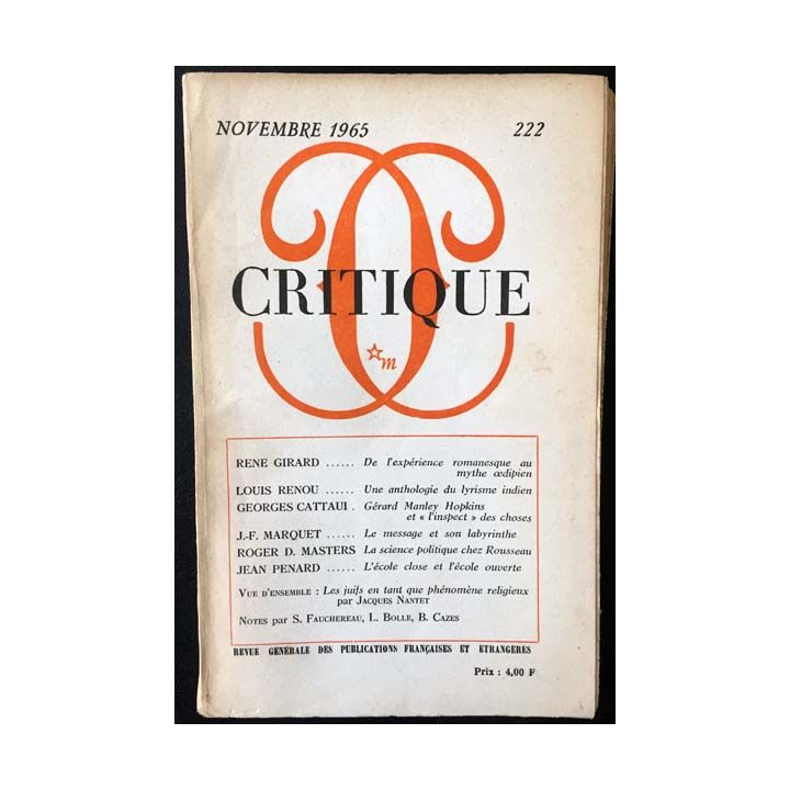 1. Critique n°222 Revue générale des publications françaises et étrangères Novembre 1965 aux éditions de Minuit