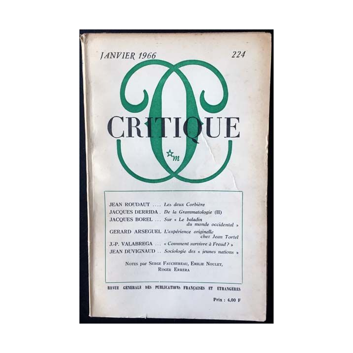 1. Critique n°224 Revue générale des publications françaises et étrangères Janvier 1966 aux éditions de Minuit