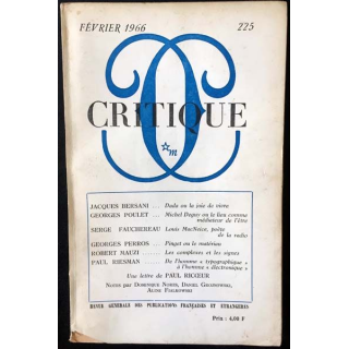 1. Critique n°225 Revue générale des publications françaises et étrangères Février 1966 aux éditions de Minuit