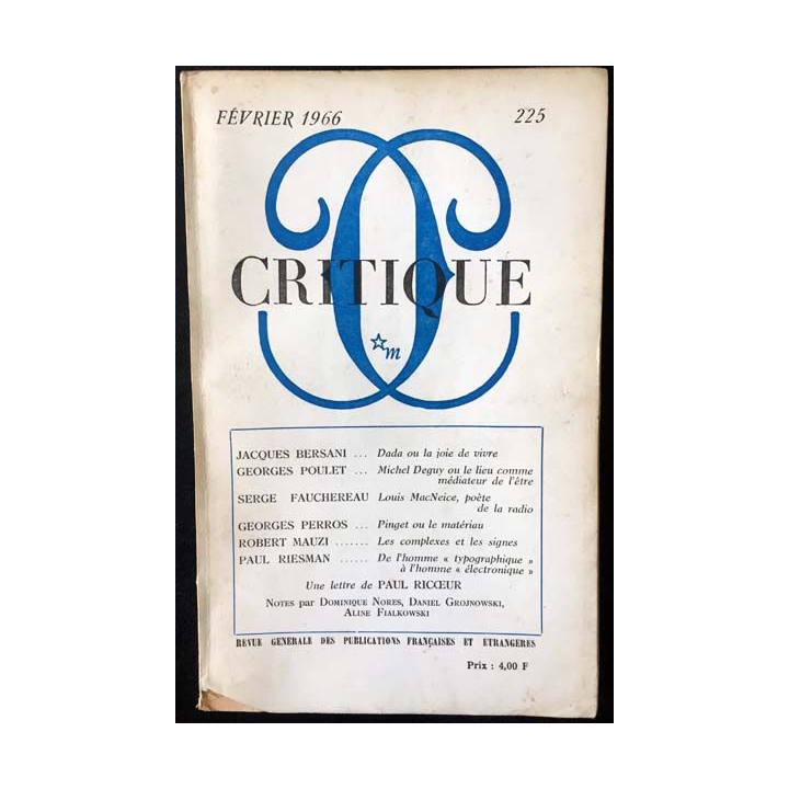 1. Critique n°225 Revue générale des publications françaises et étrangères Février 1966 aux éditions de Minuit