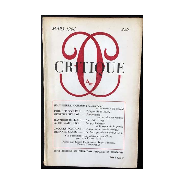 1. Critique n°226 Revue générale des publications françaises et étrangères Mars 1966 aux éditions de Minuit