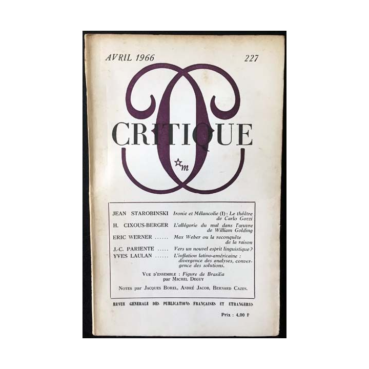 1. Critique n°227 Revue générale des publications françaises et étrangères Avril 1966 aux éditions de Minuit
