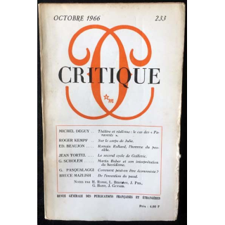 1. Critique n°233 Revue générale des publications françaises et étrangères Octobre 1966 aux éditions de Minuit