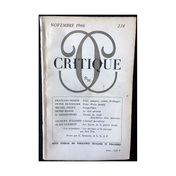 1. Critique n°234 Revue générale des publications françaises et étrangères Novembre 1966 aux éditions de Minuit