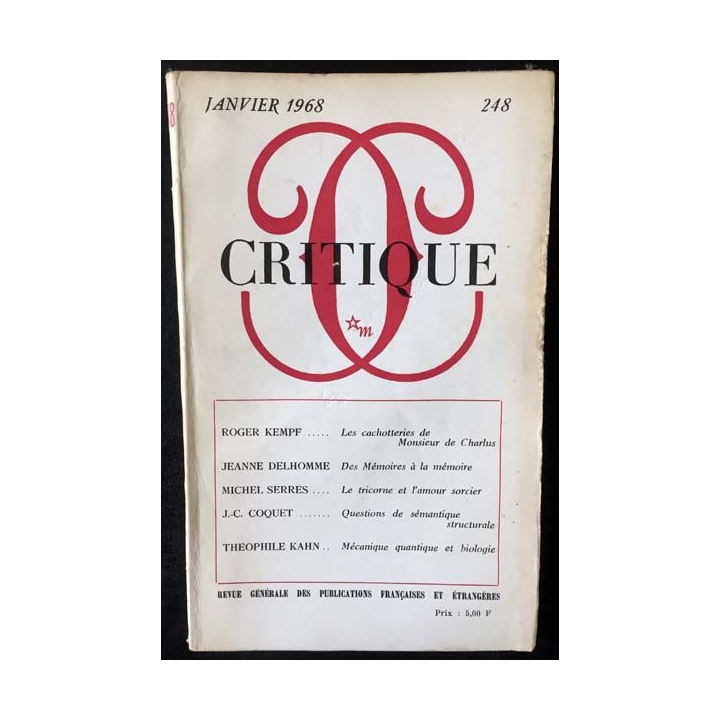 1. Critique n°248 Revue générale des publications françaises et étrangères Janvier 1968 aux éditions de Minuit
