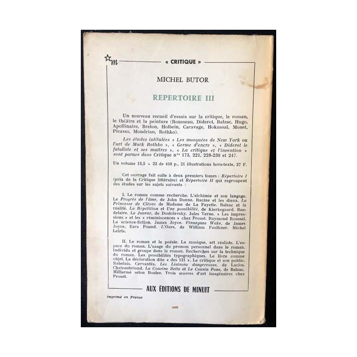 1. Critique n°249 Revue générale des publications françaises et étrangères Février 1968 aux éditions de Minuit