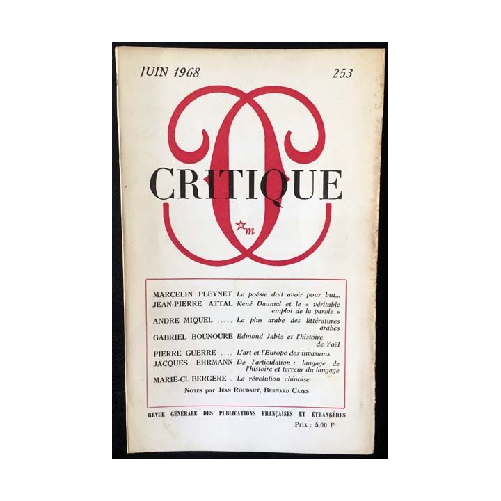 1. Critique n°253 Revue générale des publications françaises et étrangères Juin 1968 aux éditions de Minuit