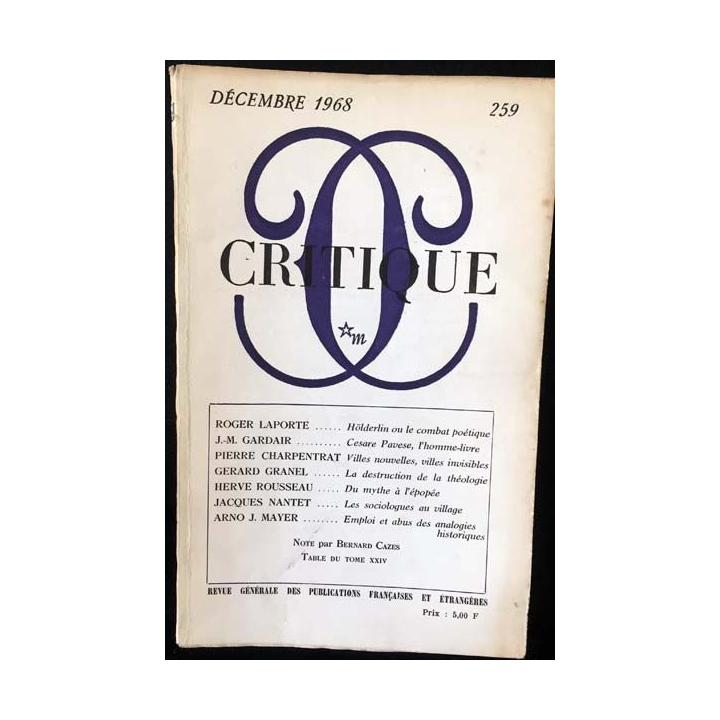 1. Critique n°259 Revue générale des publications françaises et étrangères Décembre 1968 aux éditions de Minuit