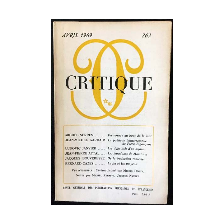 1. Critique n°263 Revue générale des publications françaises et étrangères Avril 1969 aux éditions de Minuit