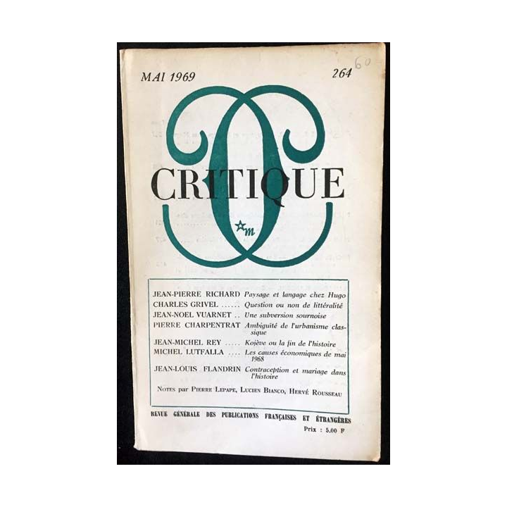 1. Critique n°264 Revue générale des publications françaises et étrangères Mai 1969 aux éditions de Minuit