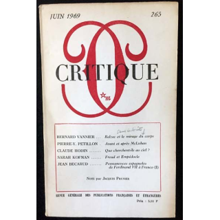 1. Critique n°265 Revue générale des publications françaises et étrangères Avril 1969 aux éditions de Minuit