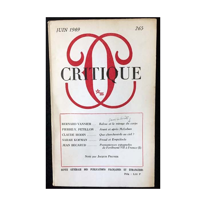 1. Critique n°265 Revue générale des publications françaises et étrangères Avril 1969 aux éditions de Minuit