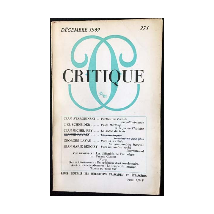 1. Critique n°270 Revue générale des publications françaises et étrangères Novembre 1969 aux éditions de Minuit