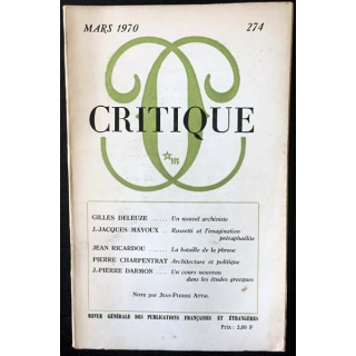 1. Critique n°274 Revue générale des publications françaises et étrangères Mars 1970 aux éditions de Minuit