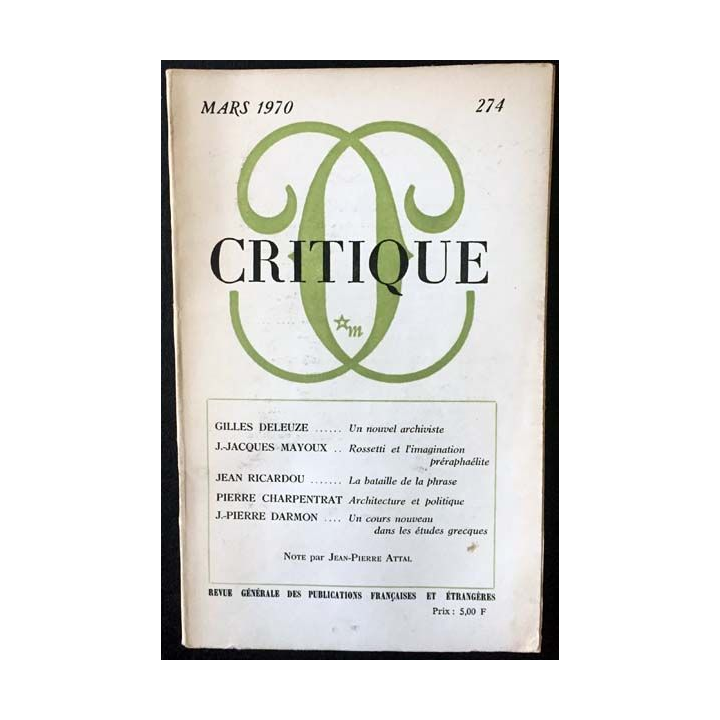 1. Critique n°274 Revue générale des publications françaises et étrangères Mars 1970 aux éditions de Minuit