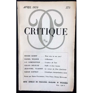 1. Critique n°275 Revue générale des publications françaises et étrangères Avril 1970 aux éditions de Minuit