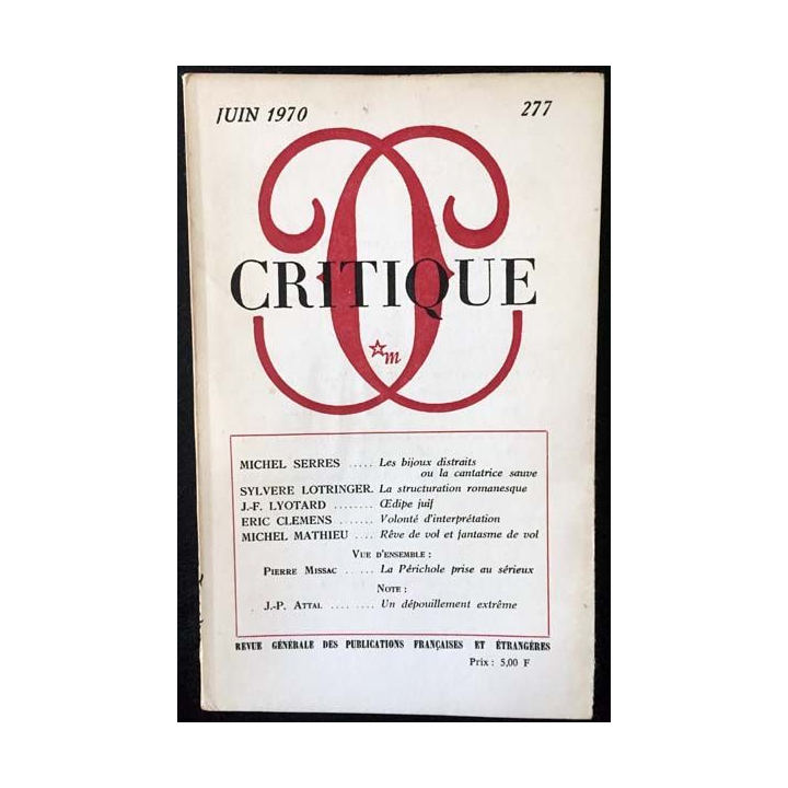 1. Critique n°277 Revue générale des publications françaises et étrangères Juin 1970 aux éditions de Minuit