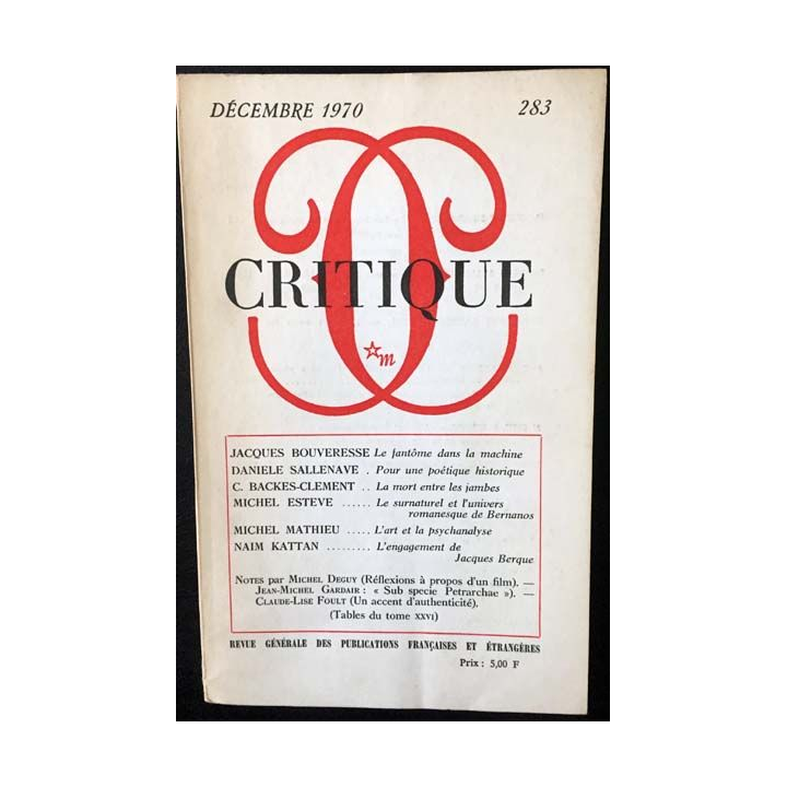 1. Critique n°283 Revue générale des publications françaises et étrangères Décembre 1970 aux éditions de Minuit