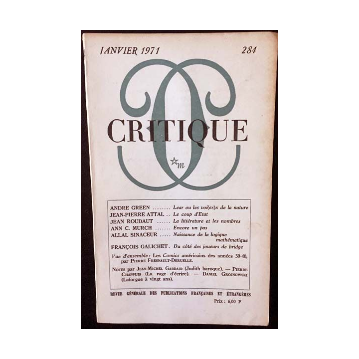 1. Critique n°284 Revue générale des publications françaises et étrangères Janvier 1971 aux éditions de Minuit