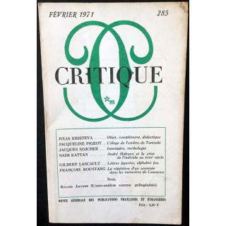 1. Critique n°285 Revue générale des publications françaises et étrangères Février 1971 aux éditions de Minuit