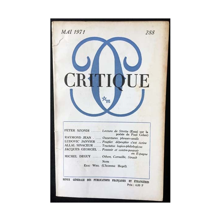1. Critique n°288 Revue générale des publications françaises et étrangères Mai 1971 aux éditions de Minuit
