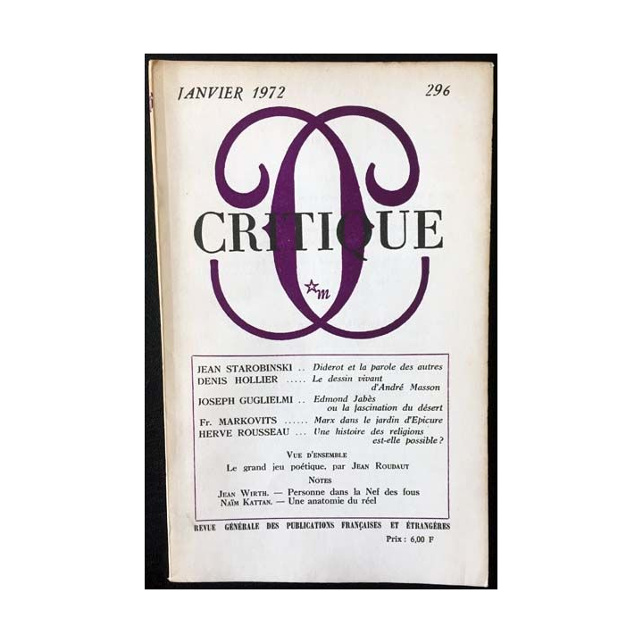1. Critique n°296 Revue générale des publications françaises et étrangères Janvier 1972 aux éditions de Minuit