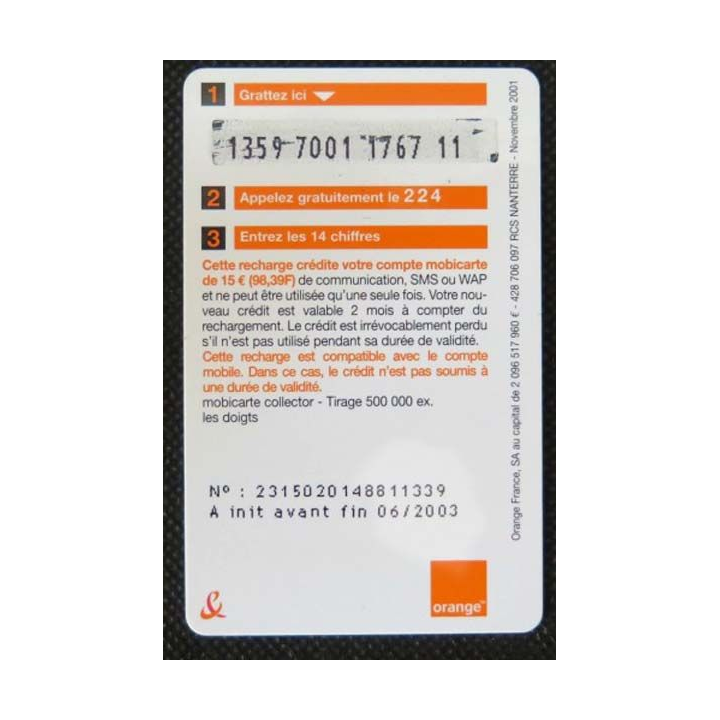 TELECARTE : télécarte mobicarte 15 euros Orange 06/2003