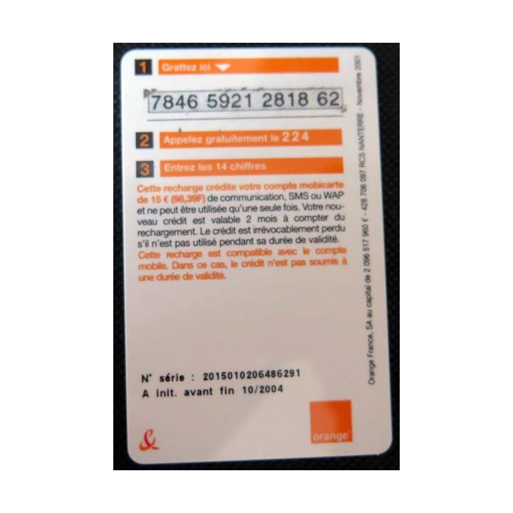 TELECARTE : télécarte mobicarte 15 euros Orange 10/2004
