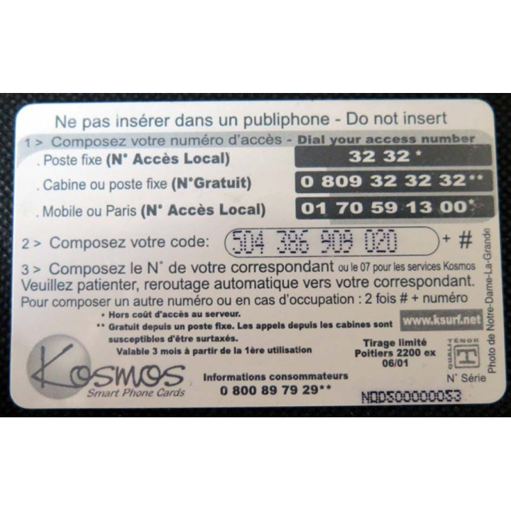 TELECARTE : télécarte France Monde Poitiers Kosmos 50F tirage 2 200 Ex 06/01