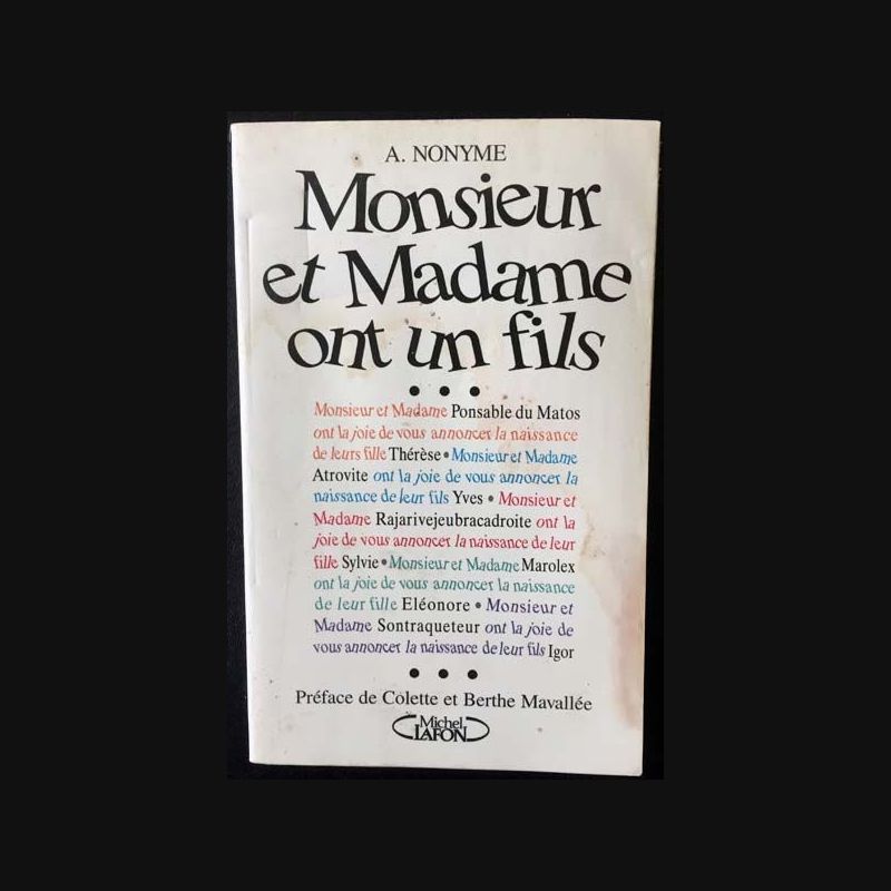 Monsieur et madame ont un fils de A. Nonyme aux éditions Michel Lafon Monsieur et madame ont un fils de A. Nonyme aux éditions Michel Lafon