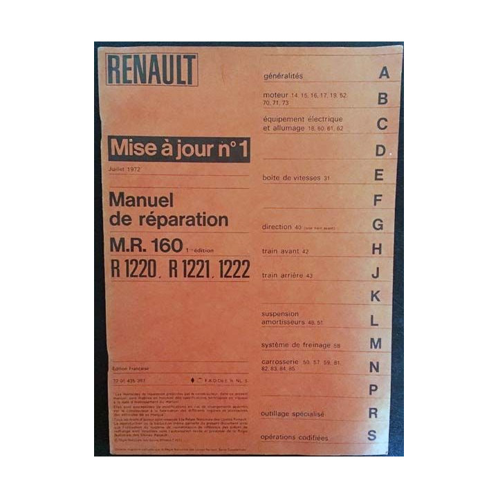 1. Renault mise à jour n°1 Juillet 1972 - Manuel de réparation M.R. 160 R 1220, R 1221, 1222