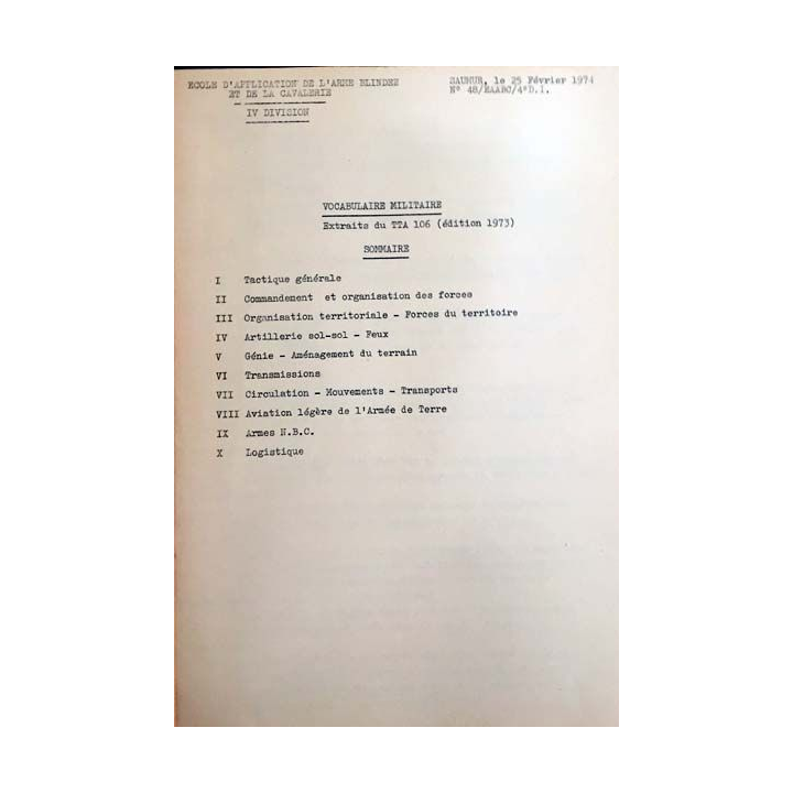 1. Vocabulaire militaire - Extraits du TTA 106 école d'application de l'armé blindée et de la cavalerie Février 1974