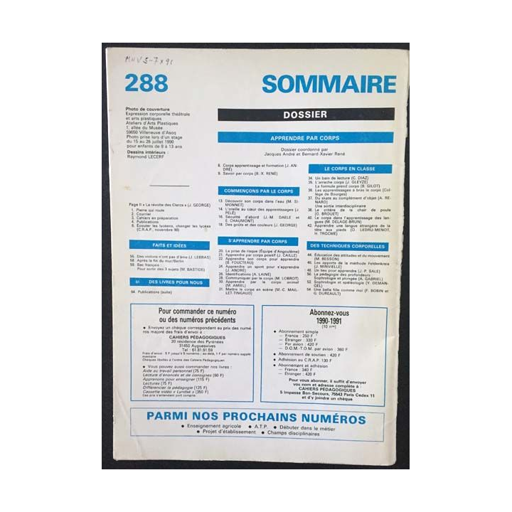 1. Cahiers pédagogiques apprendre par corps N°288 - Novembre 1990