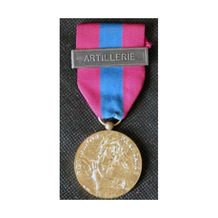 FRANCE : médaille de la défense nationale modèle en métal doré brillant avec la barette "artillerie"