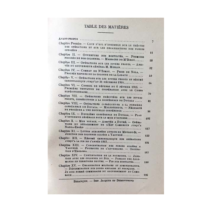 1. La conquête du Cameroun 1er Août 1914 - 20 février 1916 du général de division Aymérich aux éditions Payot