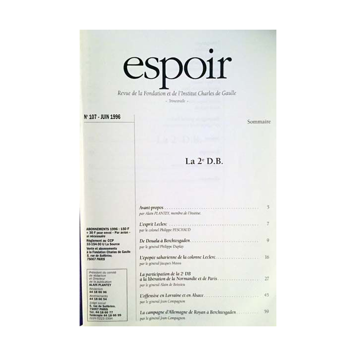 1. Espoir - La 2e D.B N°107 Juin 1996 Revue de la fondation et de l'institut Charles de Gaulle