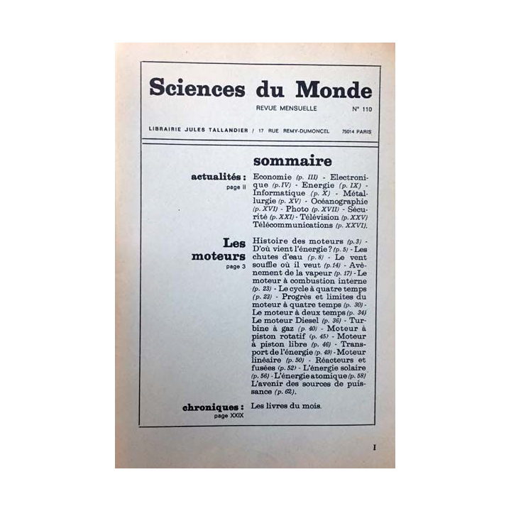 1. Sciences du monde les moteurs - Revue mensuelle n°110 aux éditions Jules Tallandier