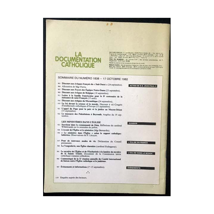 1. La documentation catholique n°18 17 octobre 1982
